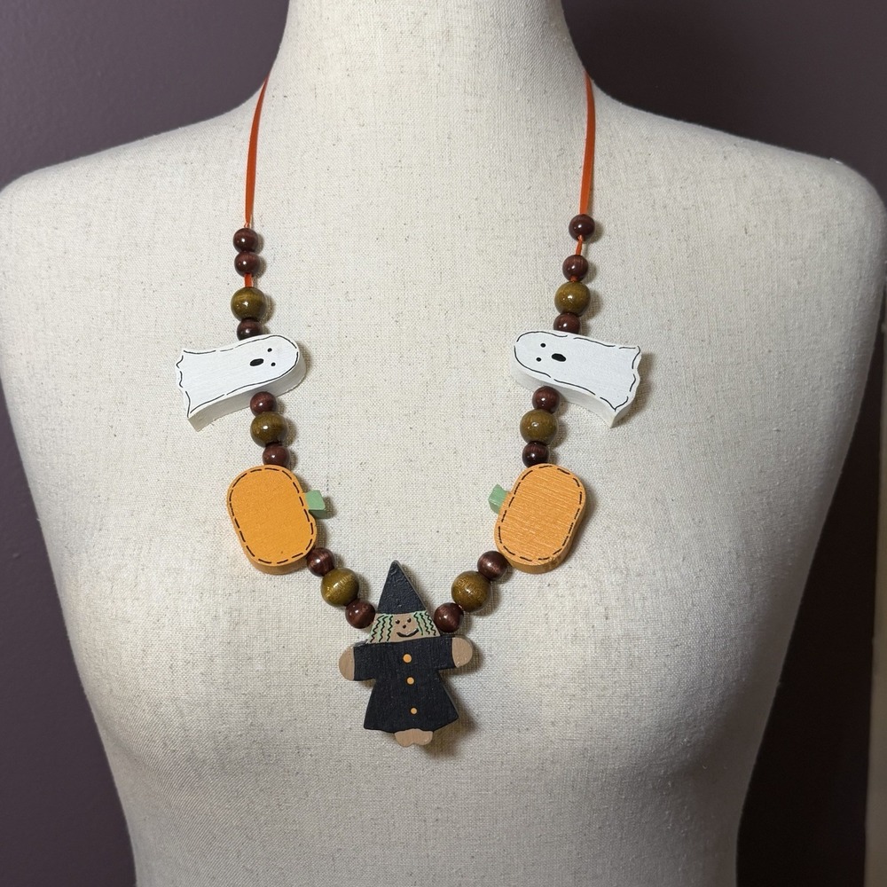 Artisan Breaded Folk Art Wooden Vintage Halloween Witch Necklace